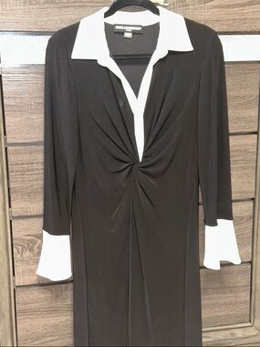 Karl Lagerfeld Black Dress with White Collar & Cuffs, Twist Front Long Sleeve